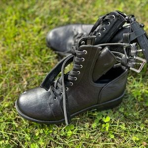 JustFab Strappy Faux Leather Combat Boots